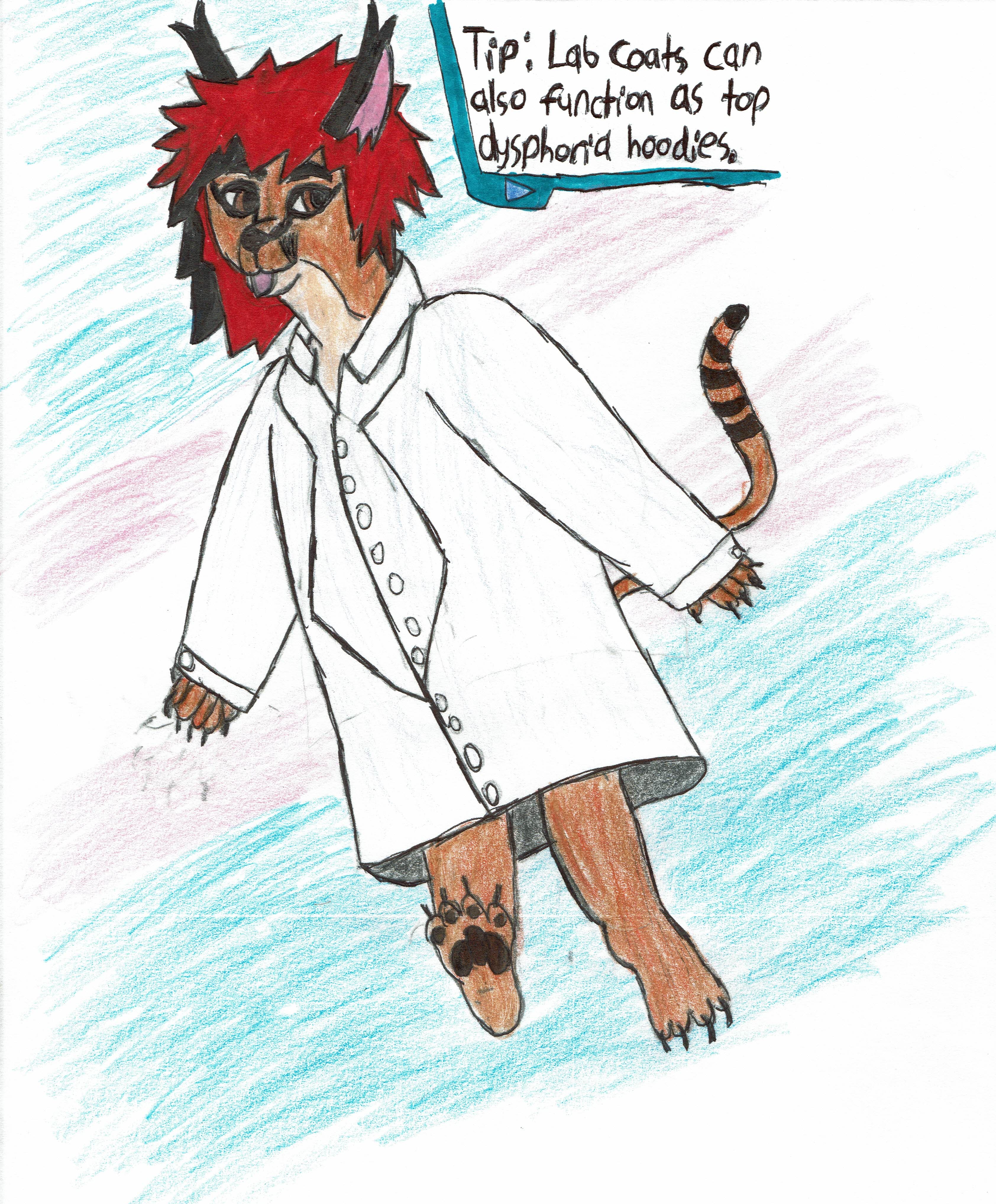 a picture of my fursona, a caracal, with a trans flag background in a lab coat. Text reads: lab coats can also function as dysphoria hoodies